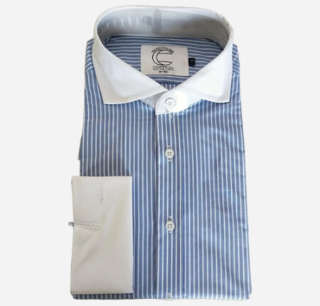 Light Blue Twill Fitted Single Cuff Classic Collar Shirt white lines